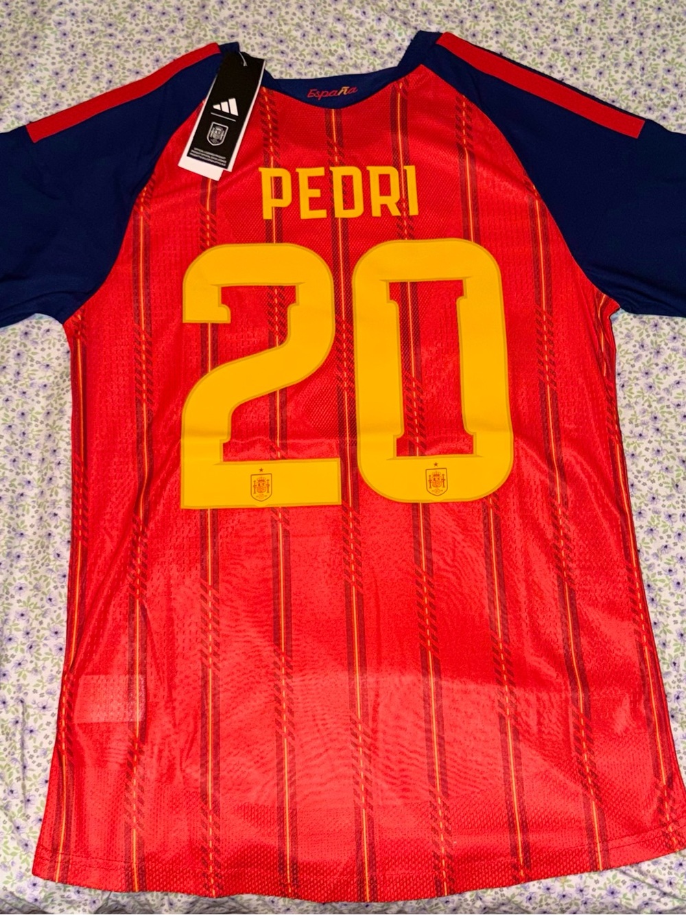 Spain Home World Cup  PEDRI #20 Soccer Jersey Red and Navy Slim Fit Medium
